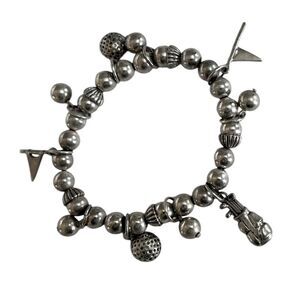 Stretch Silver Toned Metal Golf Flags Golf Balls Golf bag Charm Stretch Bracelet